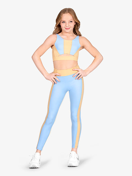 Full-length blue and tan saddle back leggings